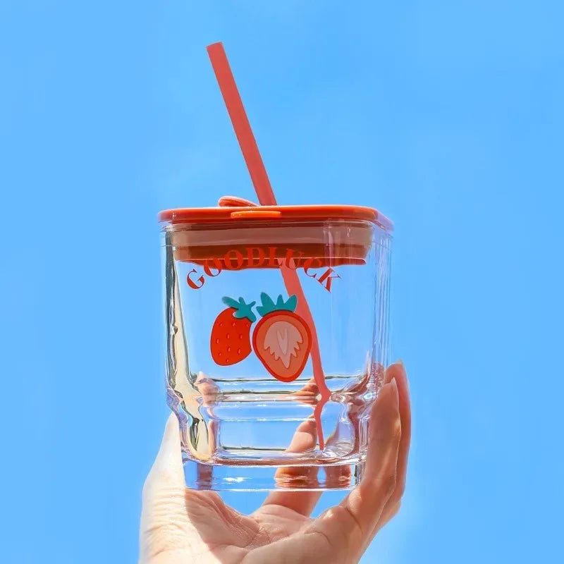 Glass Square Cup Large Capacity with Lid Cup with Straw Mug Cup