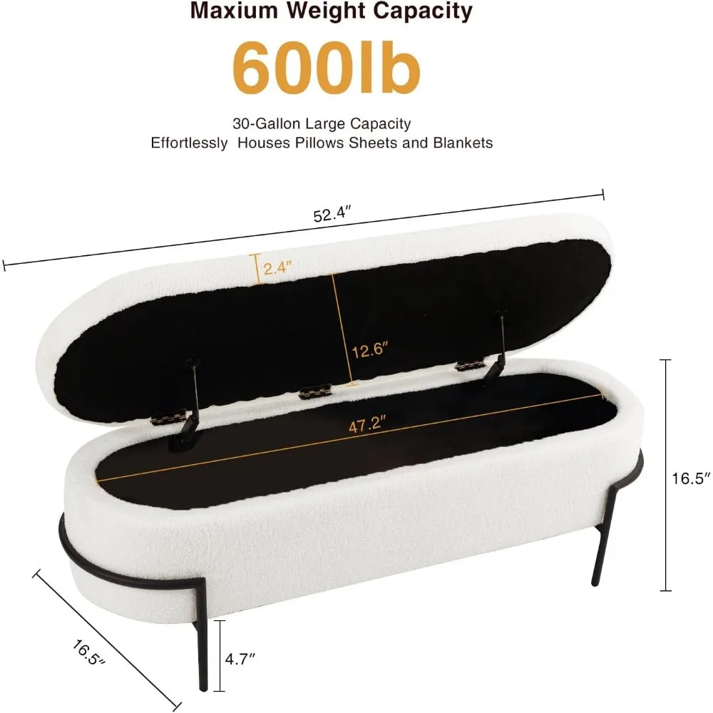 Storage Ottoman Bench with Metal Stand, Upholstered Sherpa Stool with Large Storage Space, Modern Storage Bench
