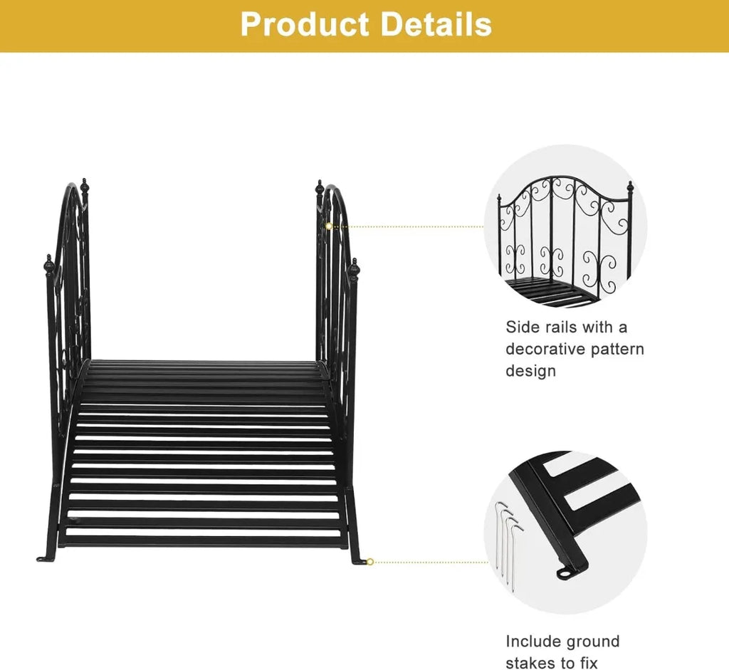 Garden Bridge Metal Yard Arch Path Bridge with Patterned Guardrails, Ourdoor Decorative Black Iron Foot Bridge for Pond