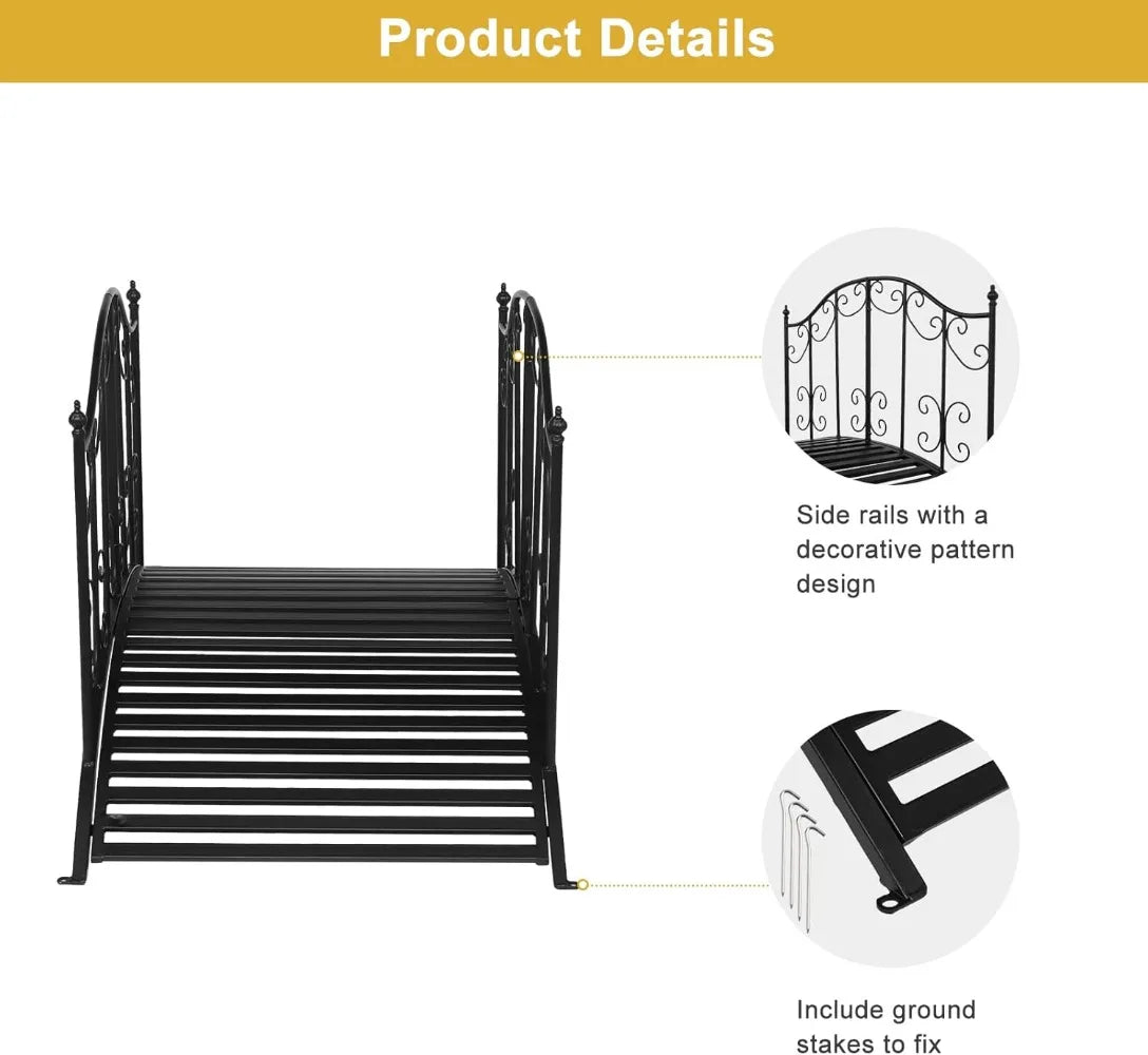 Garden Bridge Metal Yard Arch Path Bridge with Patterned Guardrails, Ourdoor Decorative Black Iron Foot Bridge for Pond
