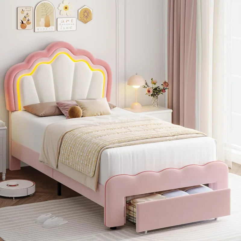 Pink/Beige Twin Upholstered LED Bed Frame with Storage Drawer, Cute Girls Bed, Velvet Princess Platform Bed Frame