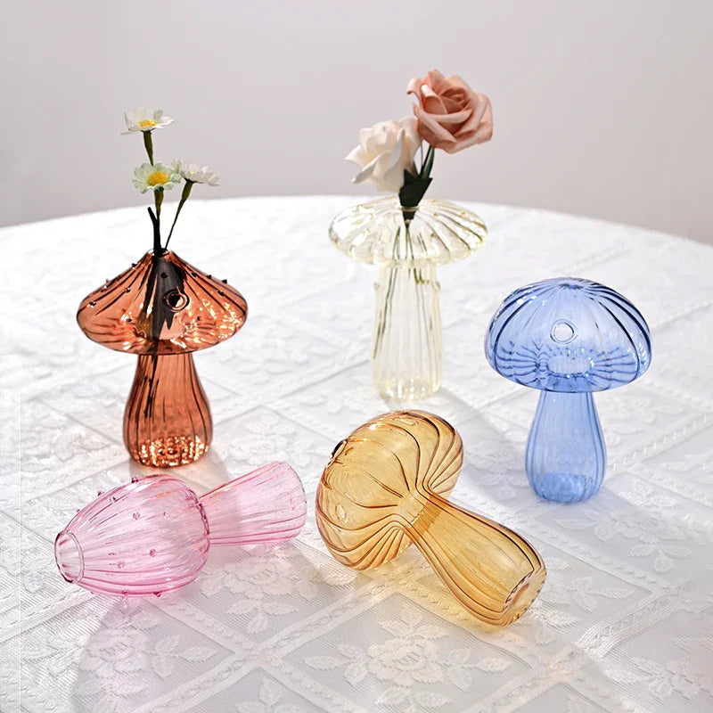 Mushroom Glass Vase Transparent Flower Pot Hydroponic Flower Bottle Jelly Color Plant Pots Aromatherapy Bottle Desktop Decor