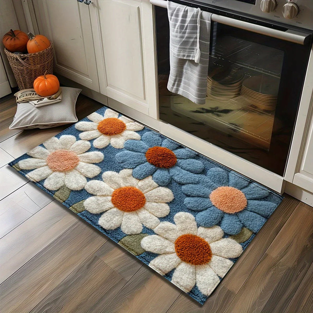 Daisy Pattern Bedroom Flannel Carpet Non-Slip Laundry Room Bedroom Kitchen Entryway Home Decoration