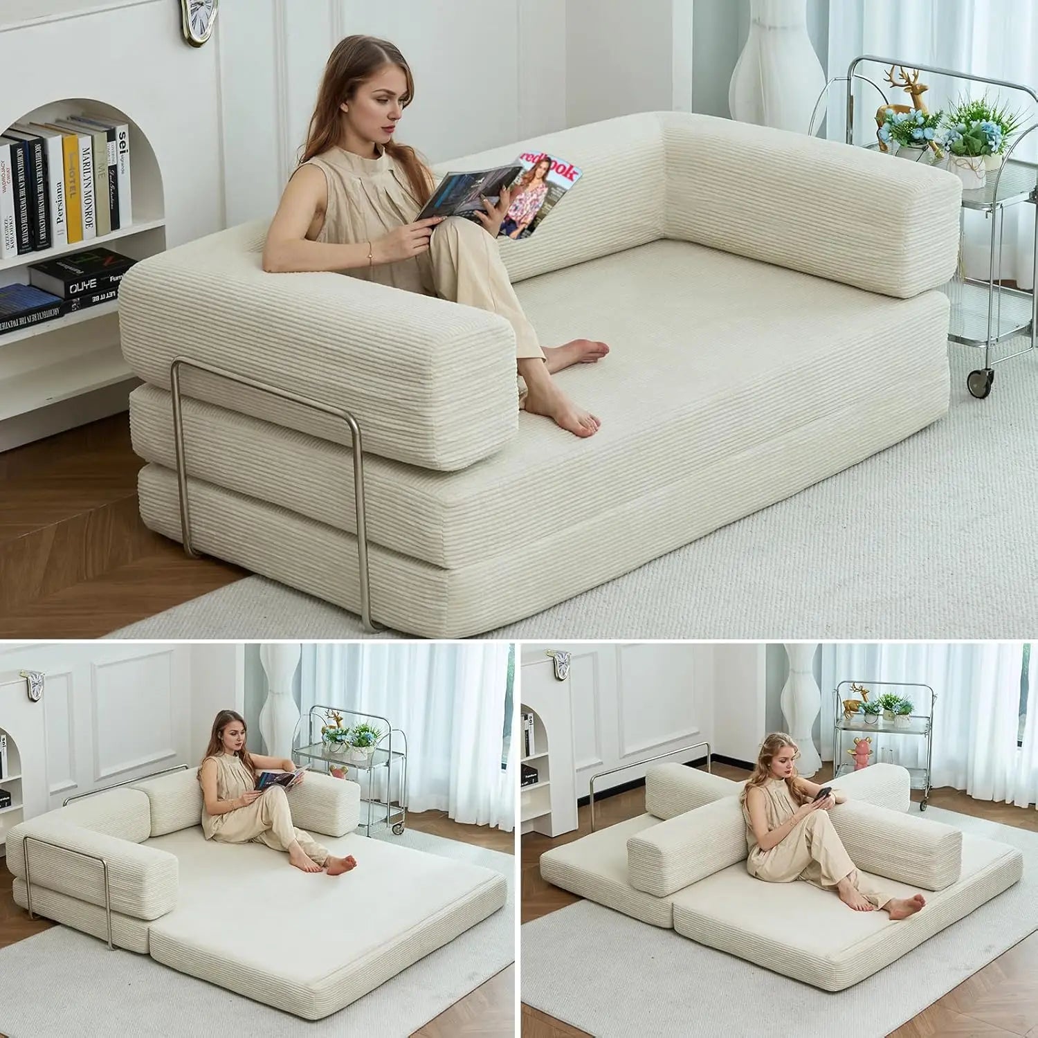 Combination Modular Sofa Living Room Folding Sofa Bed Convertable Corduroy Couch Floor Sleeper 4-in-1 Comfy Foldable Lazy