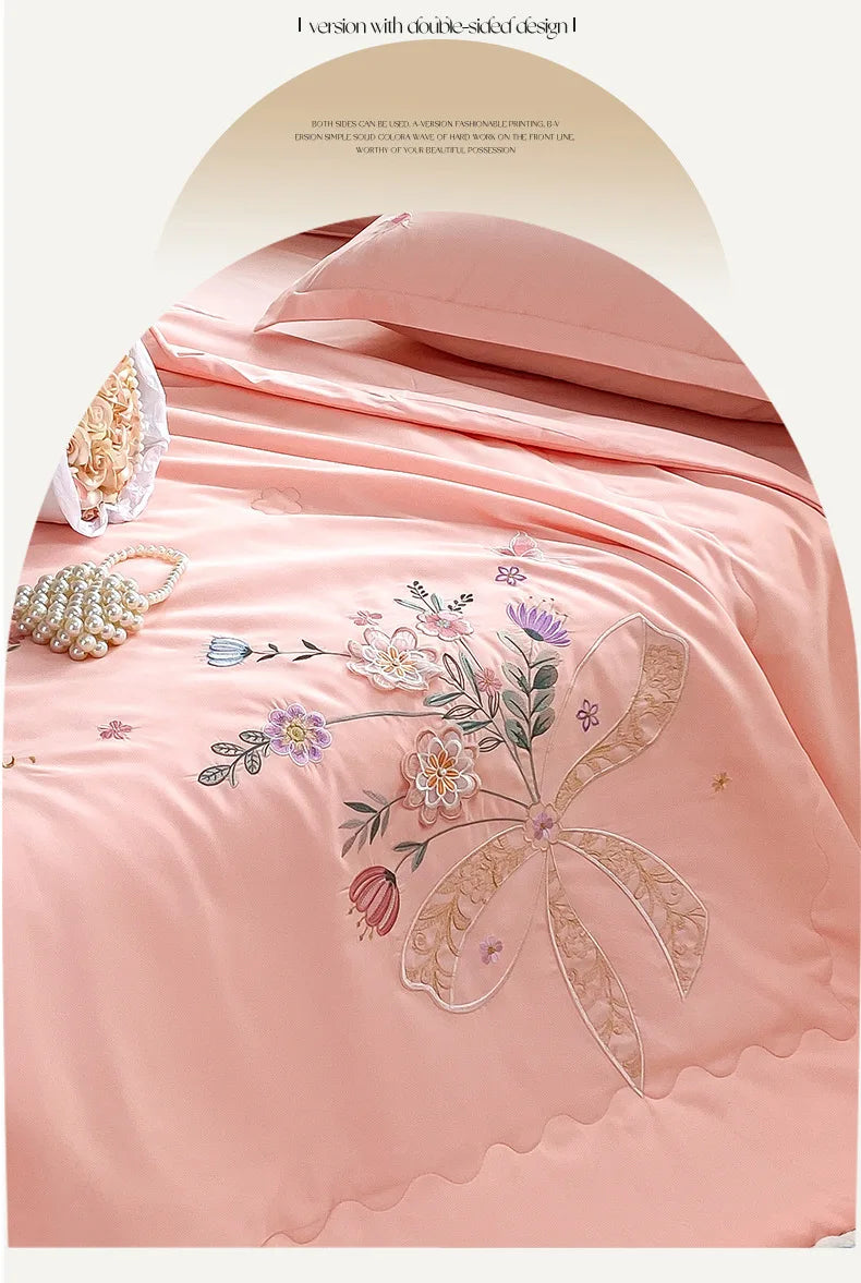 Super Soft Washed Cotton Three-Dimensional Flower Embroidered Summer Quilt Four-Piece Set