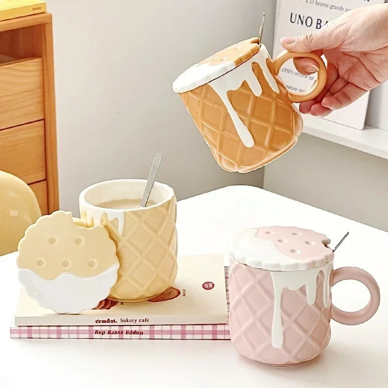 Kawaii Biscuit Pattern With Lid And Spoon Ceramic Cups Cute Cup Drinkware