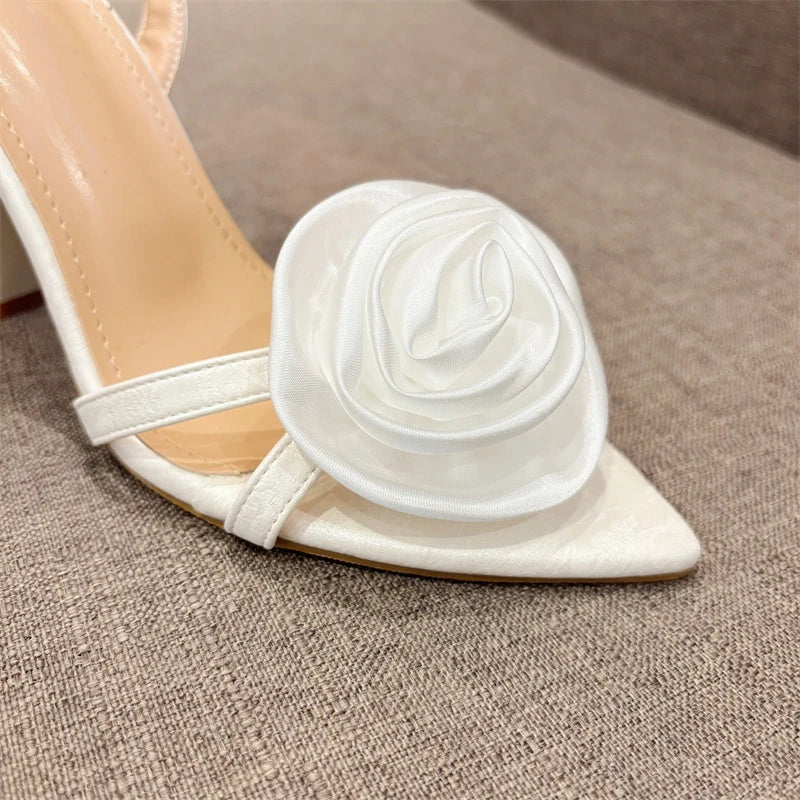 Fashion Silk Rose Flowers Pointed Open Toe Back Strap Women High Heels