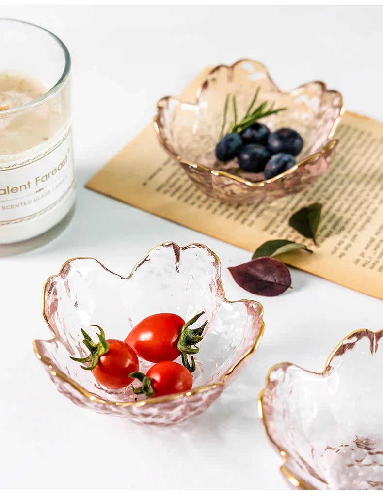 Cherry Blossom Sauce Dishes Small Glass Dish Sauce Bowl Nodic Gold Inlay Ice Cream Small Dinner Plates Kitchen Supplies 3pcs