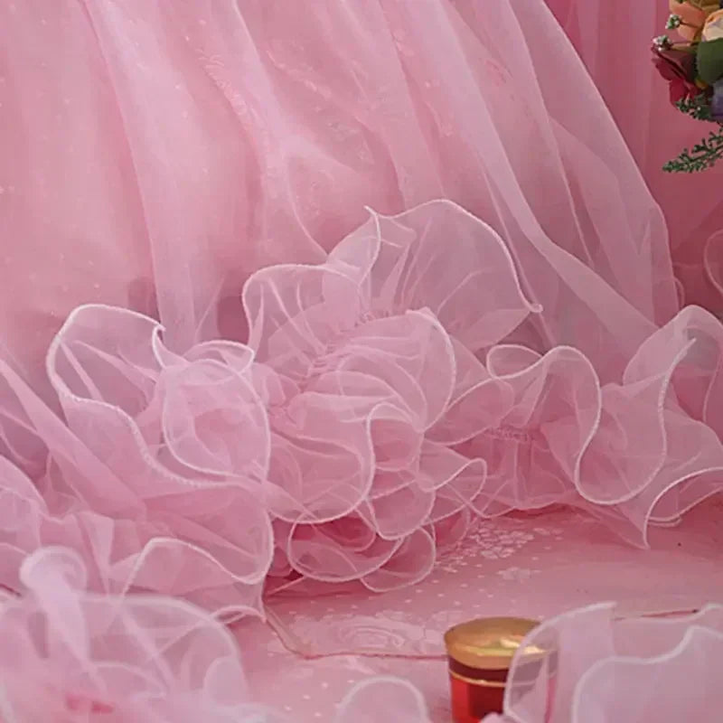 Pink Jacquard Satin Bedspread Bedding Set Luxury Princess Wedding Bed Set Lace Ruffle Duvet Cover Bed Skirt Pillowcases Cotton