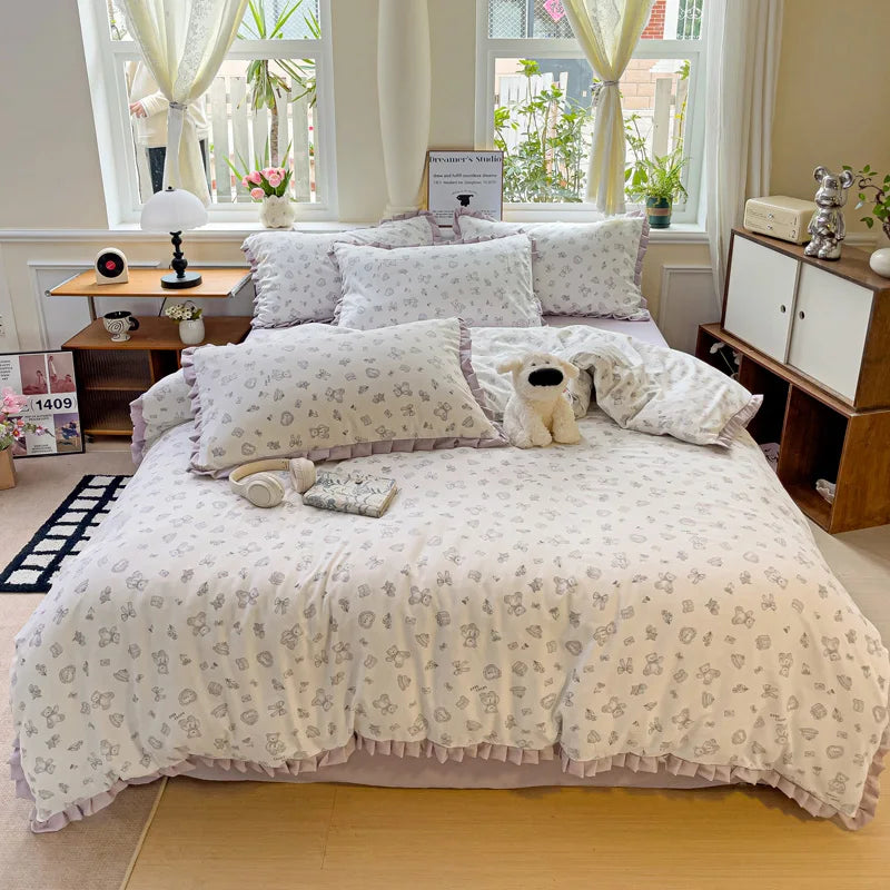 Princess Style Flowers Ruffles Soft Skin-friendly Duvet Cover Set Pillowcases Bedding Set