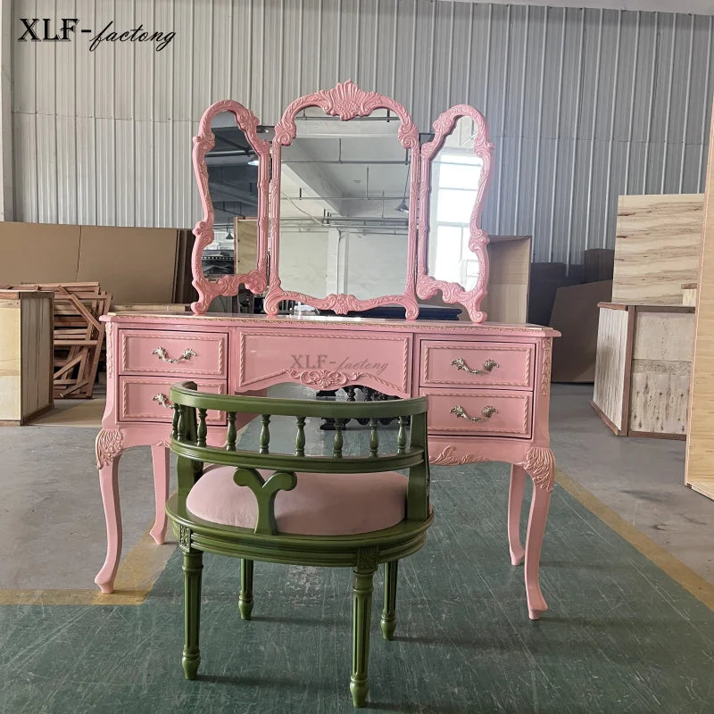 Retro Old Pink Dresser Nordic Makeup Stool Glass Combination European Solid Wood Carving Flower Dressing Table