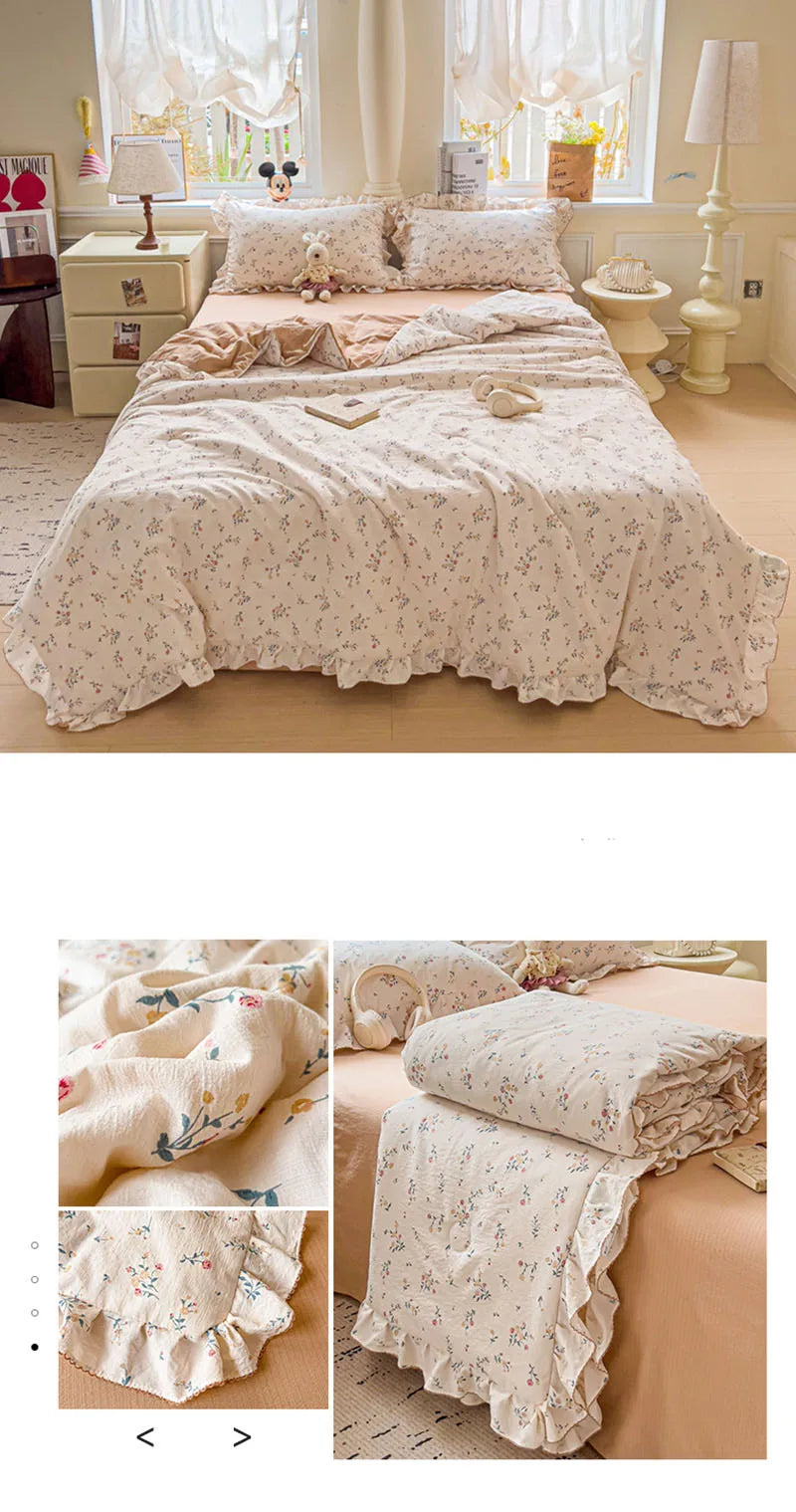 Korean Quilt with Lace and Ruffle Pure Cotton Patchwork Comforter for Summer Skin-Friendly Breathable Cooling Blanket for Home