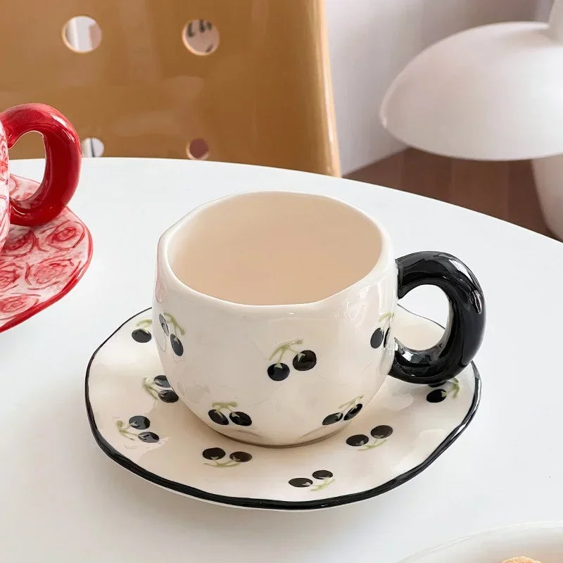 Ceramic Coffe Mug Hand Pinched Irregular Hand-painted Love Heart Cherry Pattern Cup with Saucer