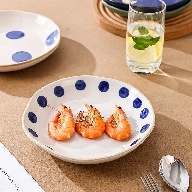 Vintage Hand Painted Dots Daisy Pottery Deep Plates Creative Moon Star Steak Flat Plate Handmade Salad Dinner Dishes