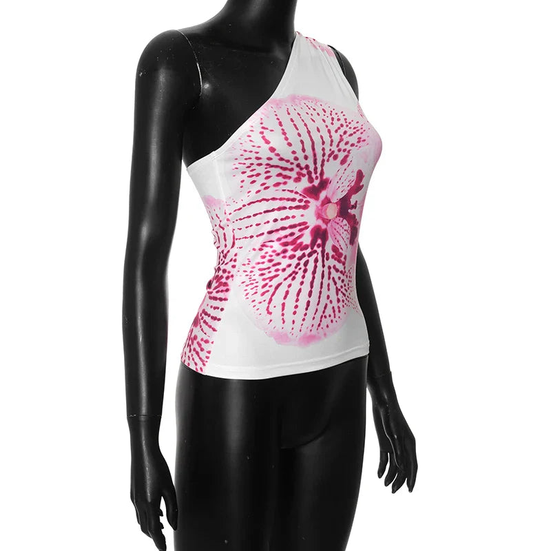 Floral Print Fitted Tops Women Resort Wear Graphic Tees Summer Casual One Shoulder Slash Backless Tank Top