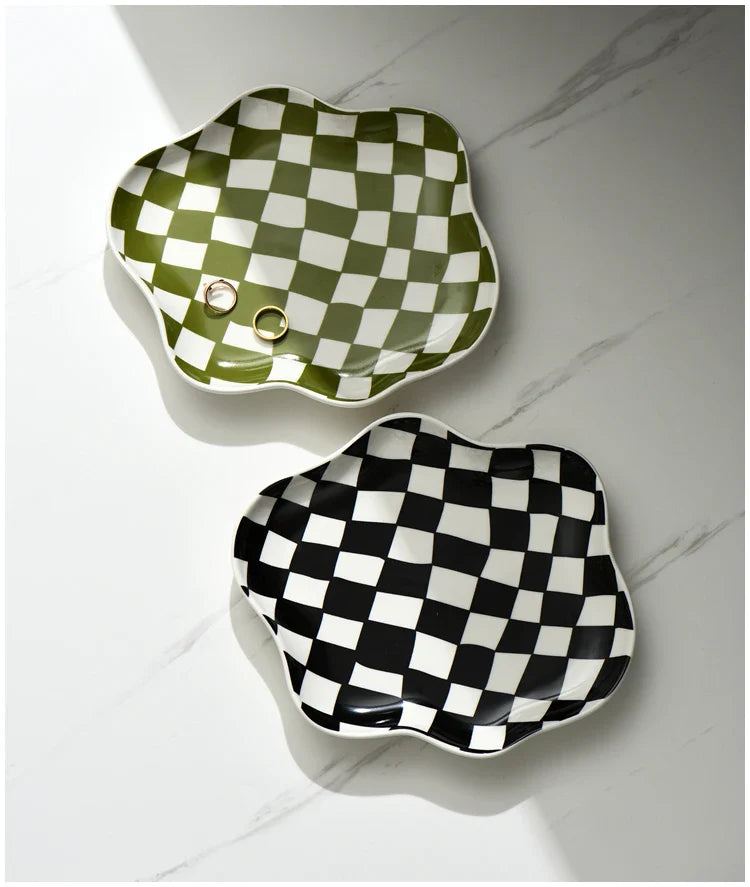 Retro Checkerboard Ceramic Plate Jewelry Home Decoration