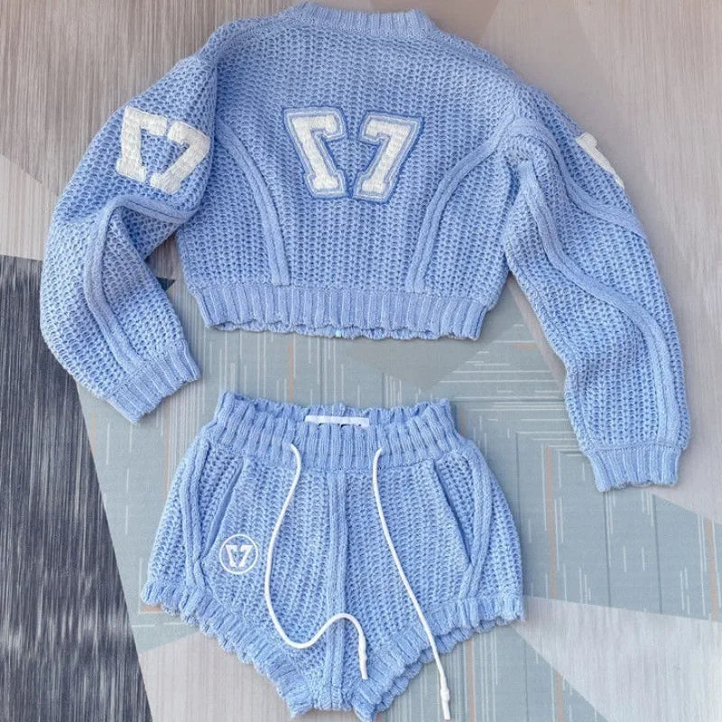 Knitted Clothing 2 Piece Womens Outfits Roupas Femme Zipper Letter Cropped Cardigan High Waist Casual Shorts Suit Set