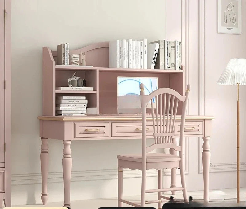 Minimalist Light Luxury Pink Writing Table with Bookshelf, Living Room Study Table and Chair Combination in Oak and Walnut.