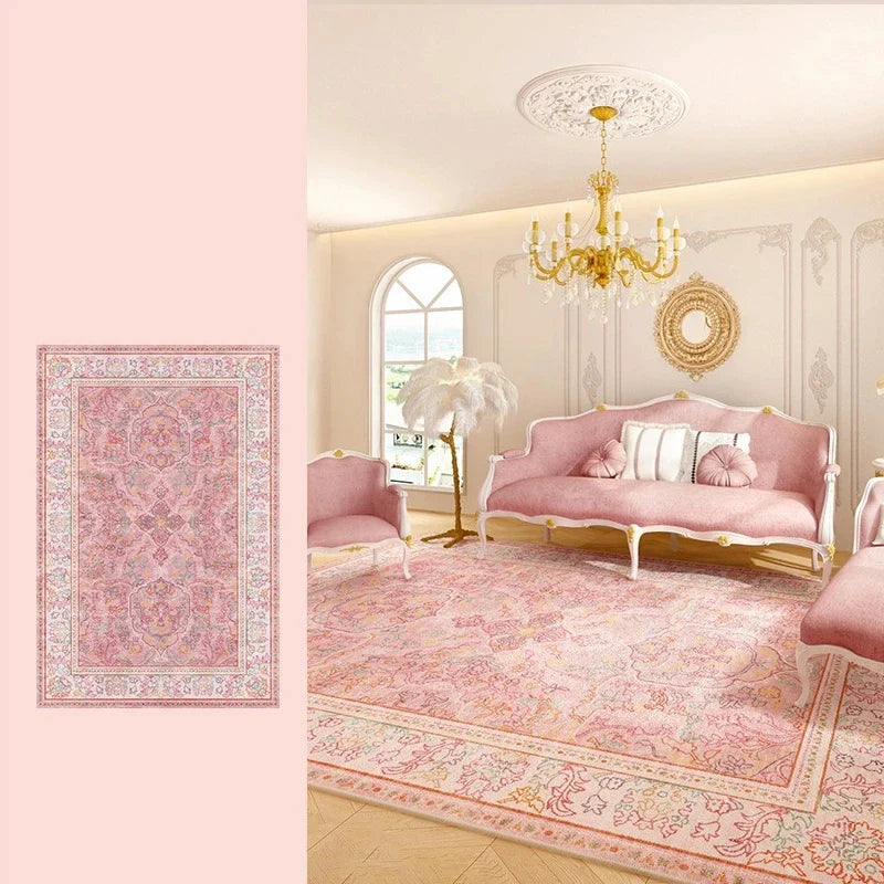 Living Room Carpet Pink Retro Carpets Soft Foot Mat Bedroom Bedside Floors Non-slip Advanced Light Luxury Home Decoration Rug