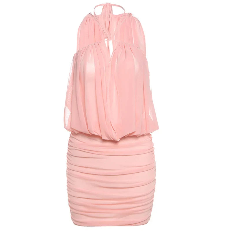 Ruched Sexy Mesh Dress Women Elegant Backless Draping Strapless Bodycon