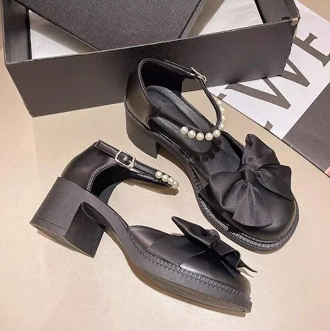 Ladies Luxury Bow Pearl With Medium Heels Mary Jane Shoes