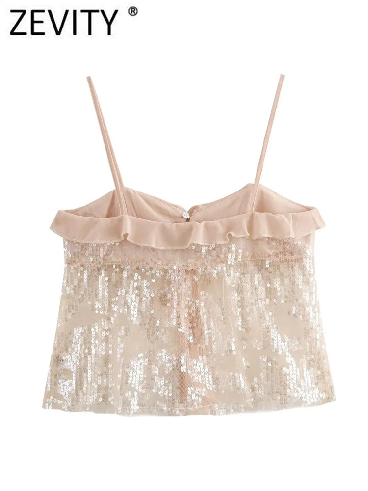 Women Chic Pleat Ruffles Sequined Design Chiffon Sling Camis Tank Lady Backless Short Crop Shirt Blouse Tops
