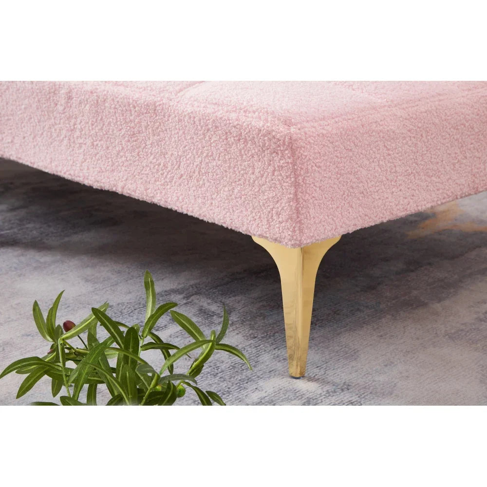 Pink Teddy Convertible Single Sofa Bed Futon With Gold Metal Legs Teddy Fabric