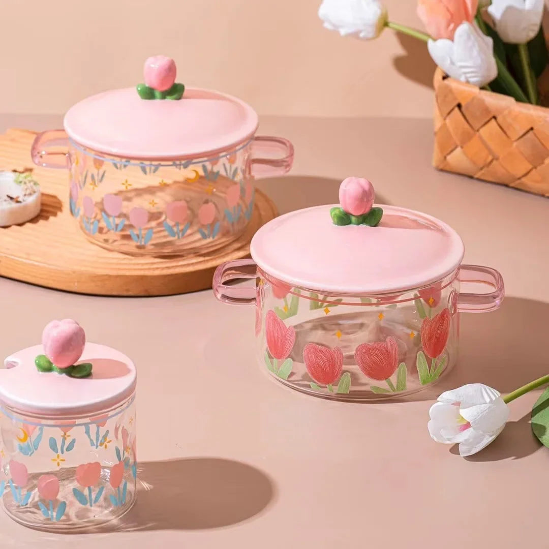 Pink Flower Instant Noodles Glass Pot Can Be Heated Soup Pot Double Ears Salad Bowl Covered with a Large Capacity Bowl