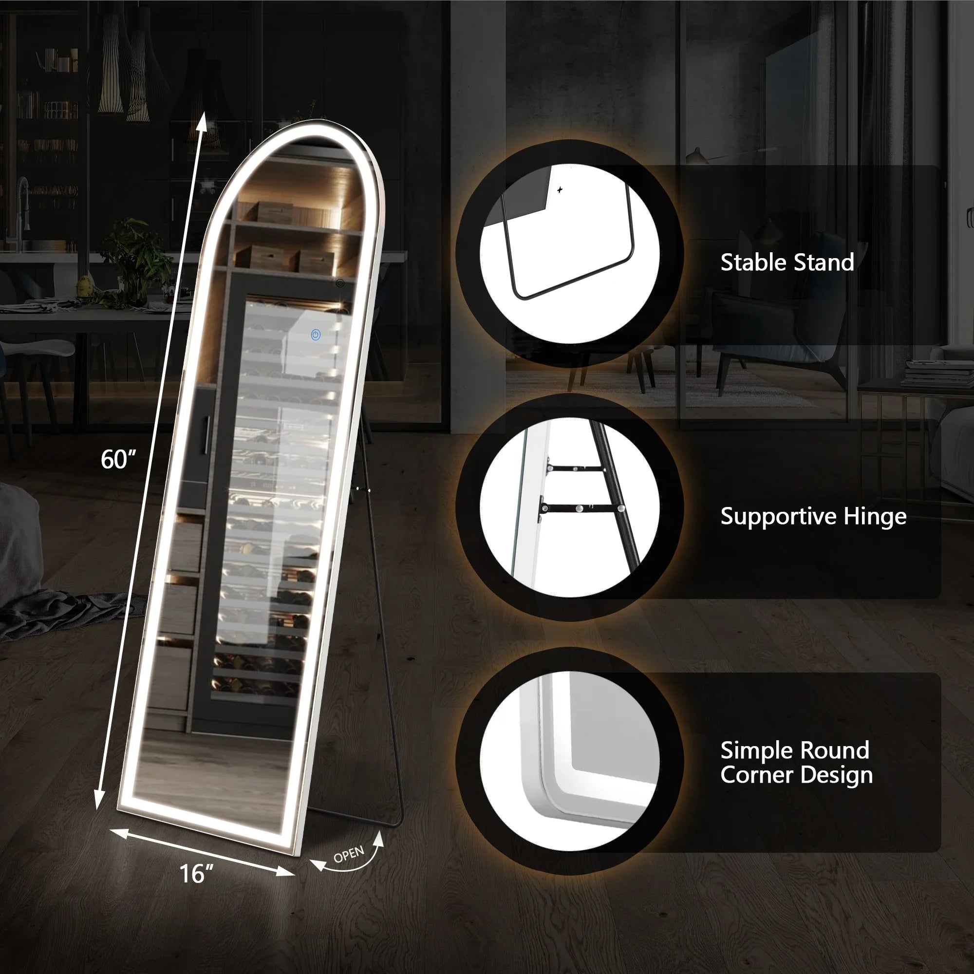 Led Dimming Full Length Mirror 3 Color Lighting Aluminum Alloy Frame Standing Hanging Floor Mirrors For Living Room  60"x16"