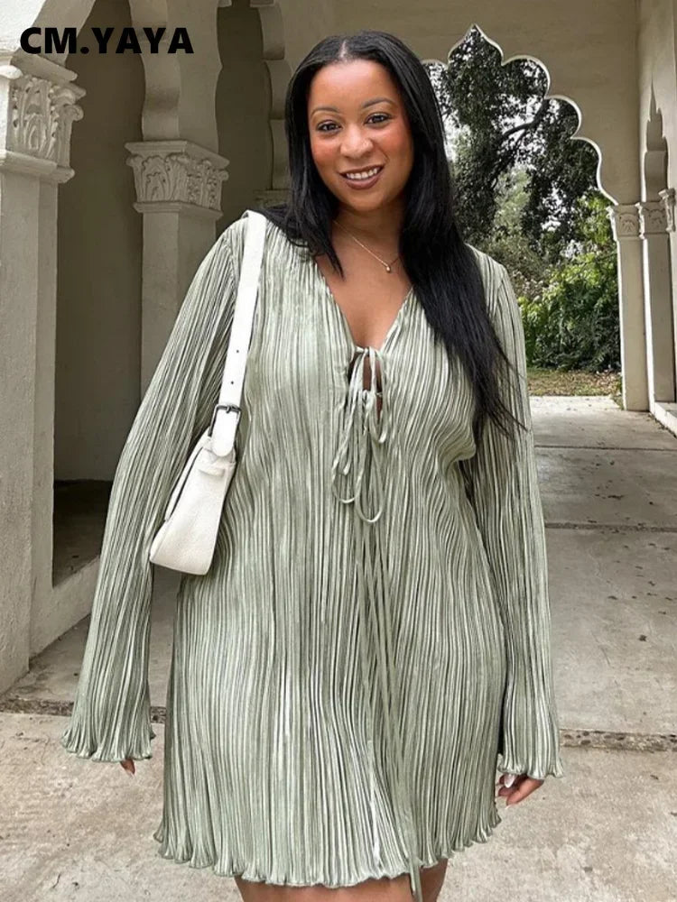 Long Sleeve Women V-neck Pleated Dress Casual Streetwear Plus Size Mini Dresses Party Casual
