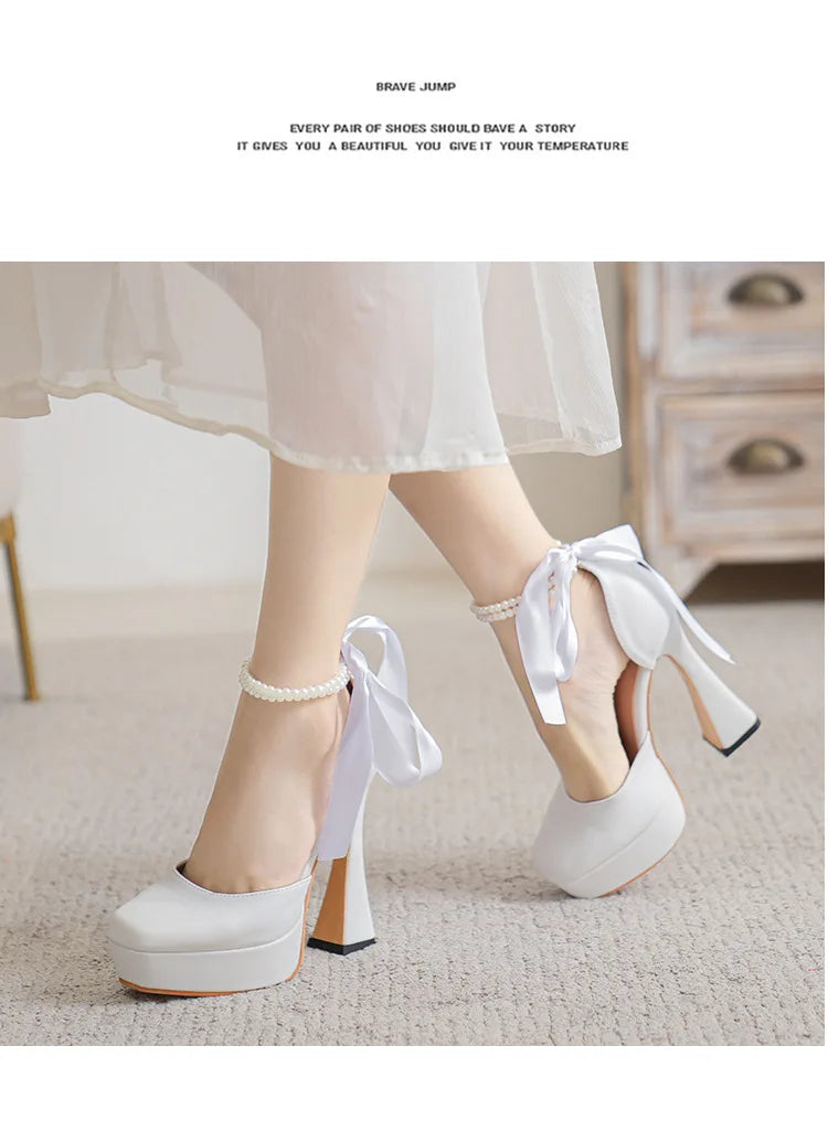 Fashion Super High Heels Sandals Bow Buckle Square Head Heels Ladies Shoes