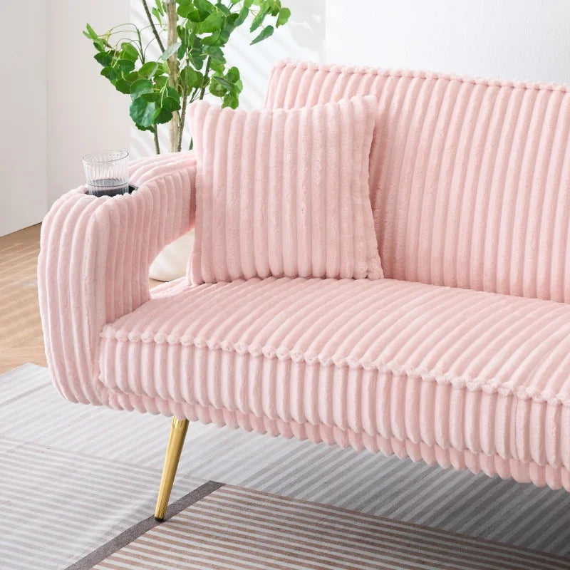 Dreamy Adjustable Pink Sofa Bed with Cup Holders Modern Comfort Corduroy Lounge Couch for Living Room Home Minimalist Loveseat