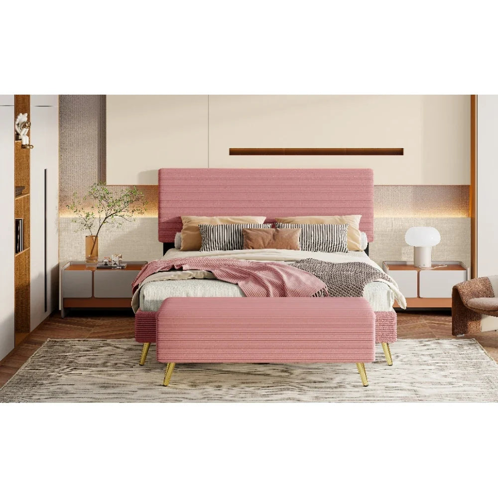 Pink 2 Pieces Bedroom Sets Queen Size Upholstered Bed Frame, Modern Corduroy Storage Ottoman