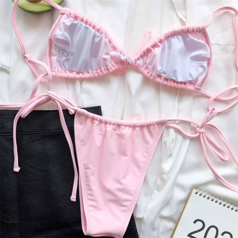 Women Sexy Sling Bikini Micro String Extreme Swimsuit Bikinis Pleated Set