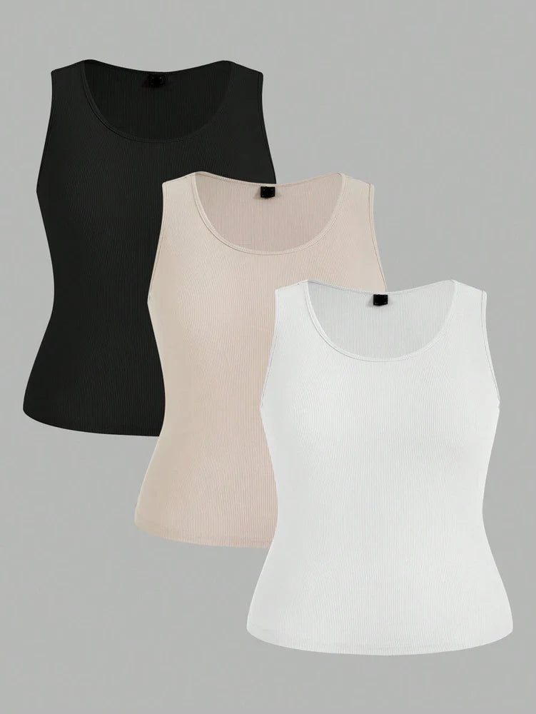 Plus Size Short Tank Top Women's Set Short Top, Sleeveless Short Top, Set of 3, Ribbed Knit Short Top, Black, White, Brown