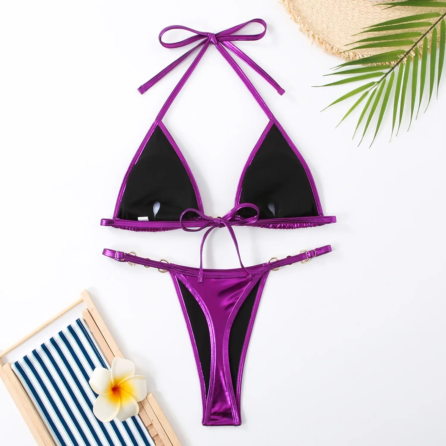 Shiny Micro Bikini Women Sexy PU Pearls Push Up Thong Swimsuit Summer Bathing Suit