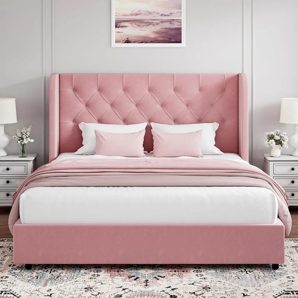 Full Size Bed Frame, Upholstered Bed Frame with Tufted Velvet Headboard and Wide Wingback, Sturdy Wooden Slats Supports