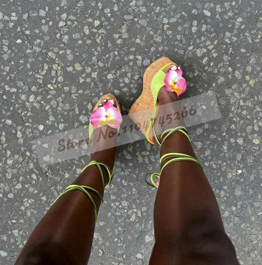 Ladies Cork Platform Pink Flower Sandals Wooden Wedged Heel Pink Blossom Dress Shoes Lace-Up Slingback Pumps