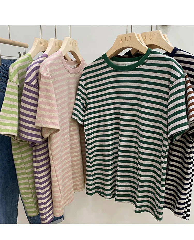 Summer Short Sleeve Striped T-Shirts Versatile Women Knitted Basic Casual Tops Female Cozy Loose Cotton Tees