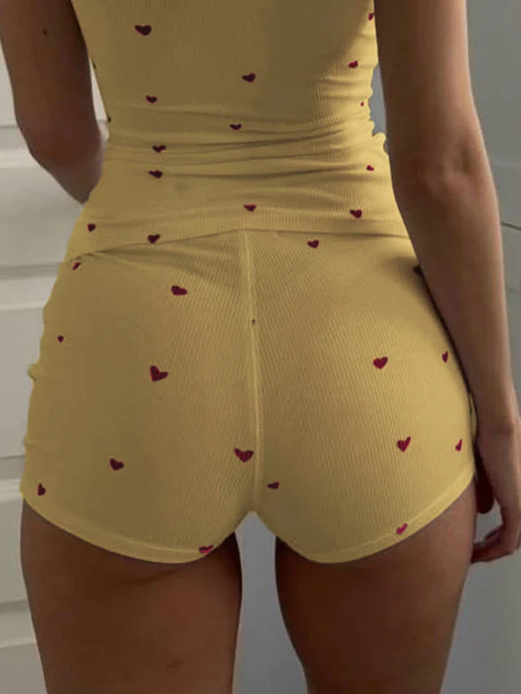 Comfortable Heart Print 2 Piece Set Women Square Collar Sleeveless Crop Tops+Stretch Shorts Sweet Fashion Outfits