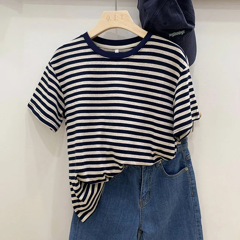 Summer Short Sleeve Striped T-Shirts Versatile Women Knitted Basic Casual Tops Female Cozy Loose Cotton Tees