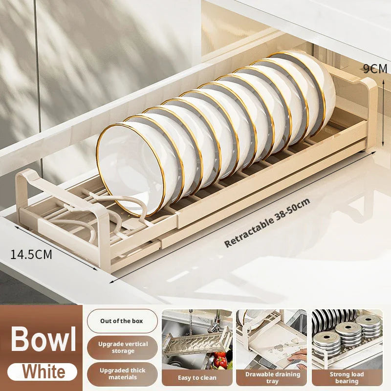 Pull Out Cabinet Dish Storage Rack Stainless Steel Plate Drain Stand Holder Kitchen Drawer Built-in Bowl Rack Basket Organizer