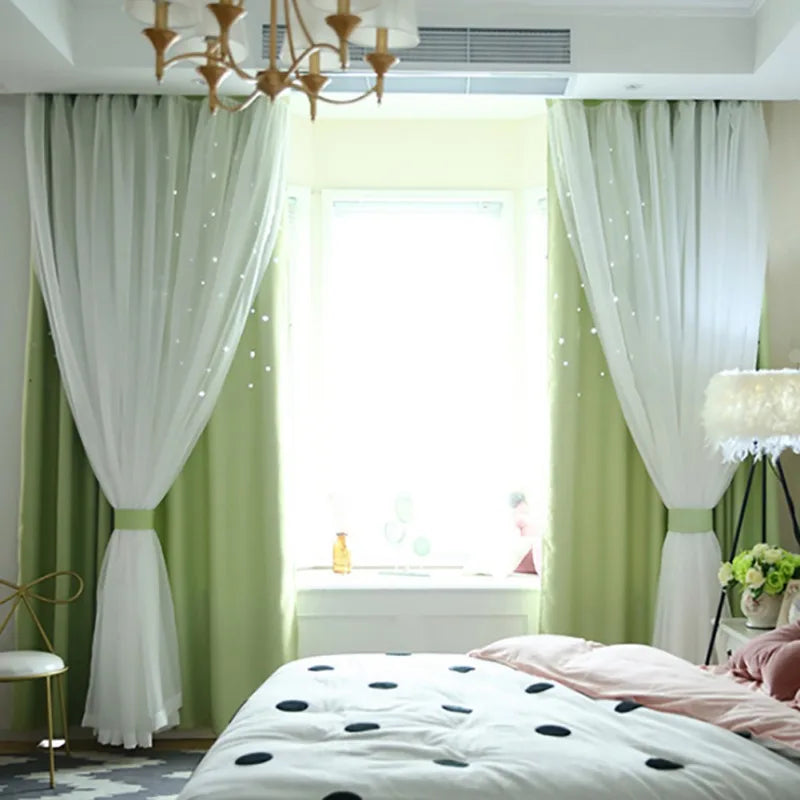 Double-Deck Princess Curtains for Living Room Hollow Stars Lace Curtain for Bedroom Shade Curtain Tulle Cloth