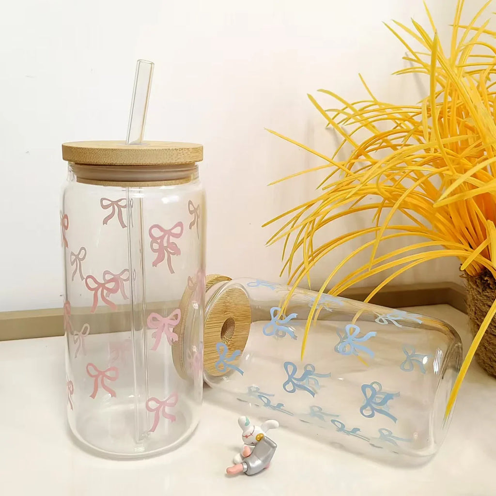 Cute Bow Glass Cup Tumbler Mason Jar Shaped With Lids & Straw