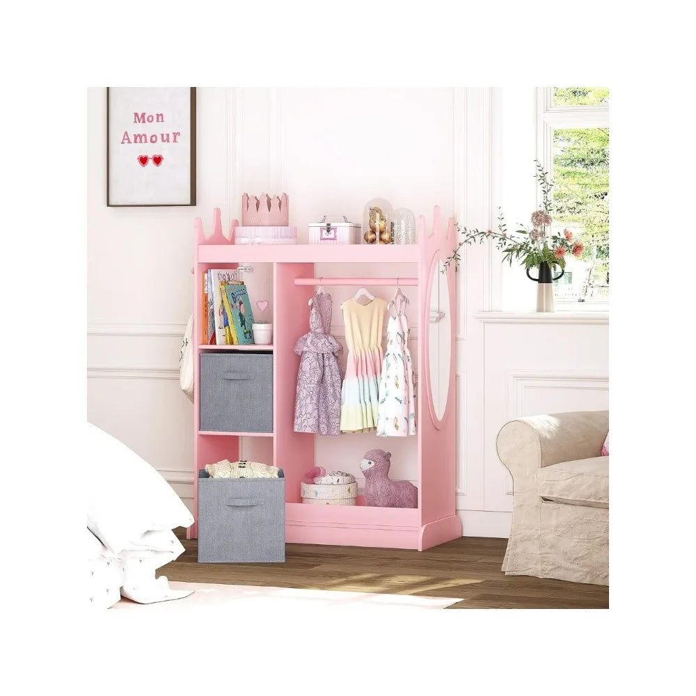 Kids Armoire Wardrobe Closet with Mirror and Storage Bin, Pink,  33.4 in W x 15.75 in D x 44.5 in H