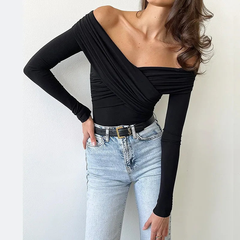 Sexy Off Shoulder Women's Bodysuits Fashion Crossed Folds Skinny Rompers Long Sleeve