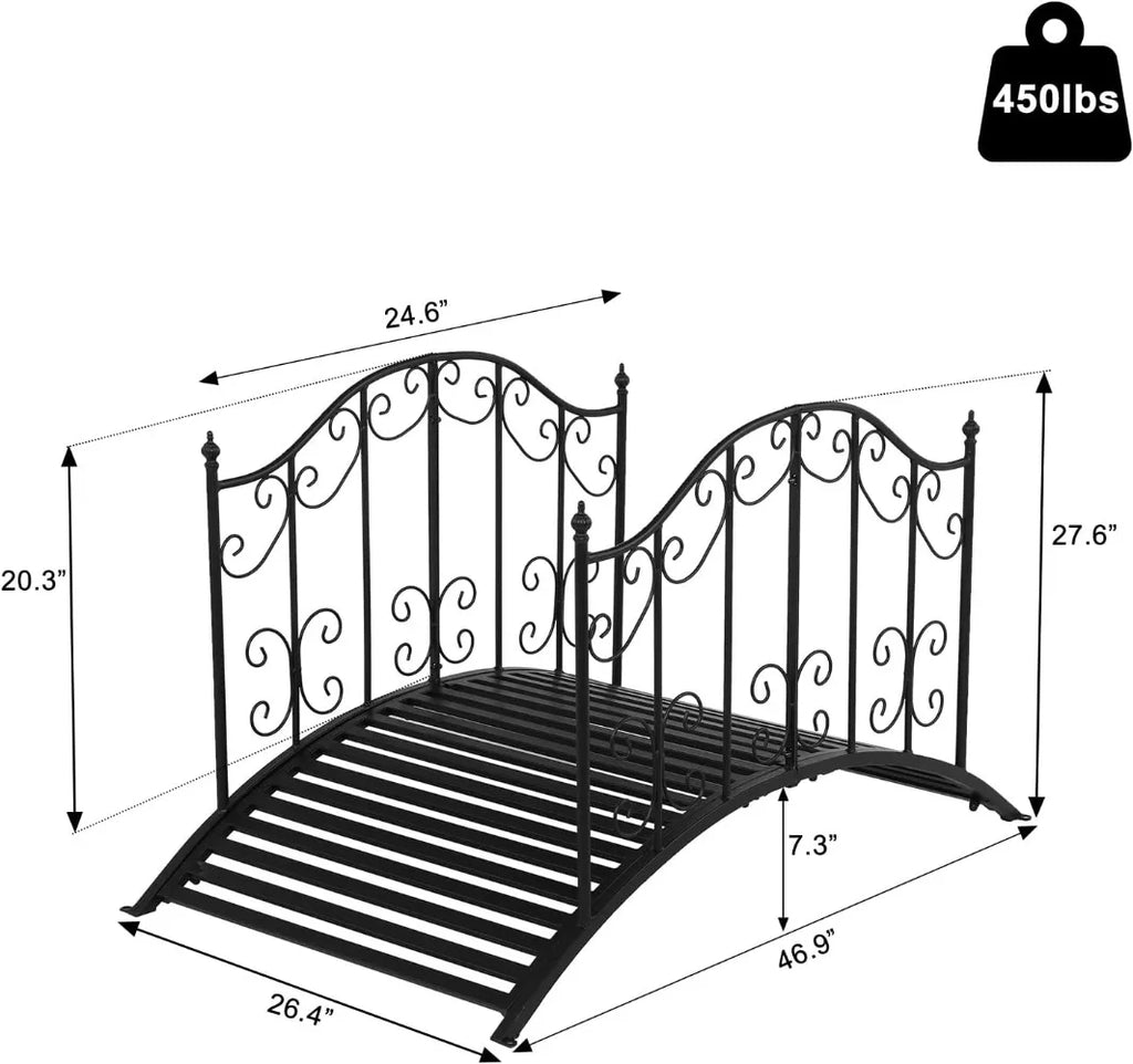 Garden Bridge Metal Yard Arch Path Bridge with Patterned Guardrails, Ourdoor Decorative Black Iron Foot Bridge for Pond