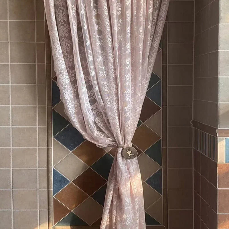 Flower Pink Sheer l French Romantic Jacquard Lace Macrame Tulle Curtain