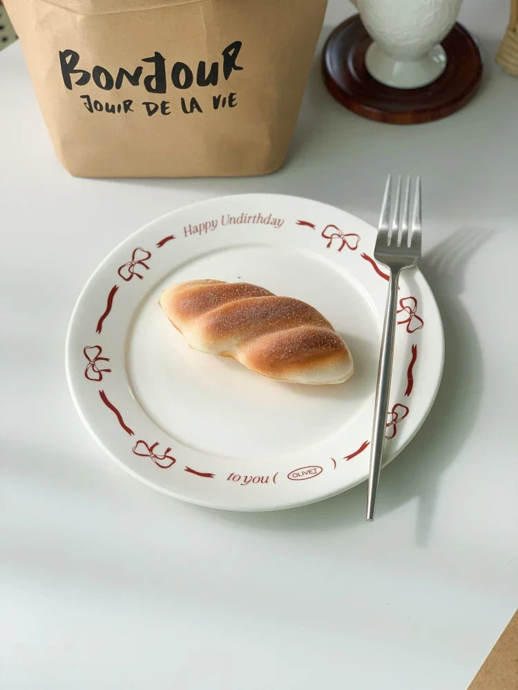 Pink Bow Ceramic Dessert Plate French Vintage Hand-painted Dish