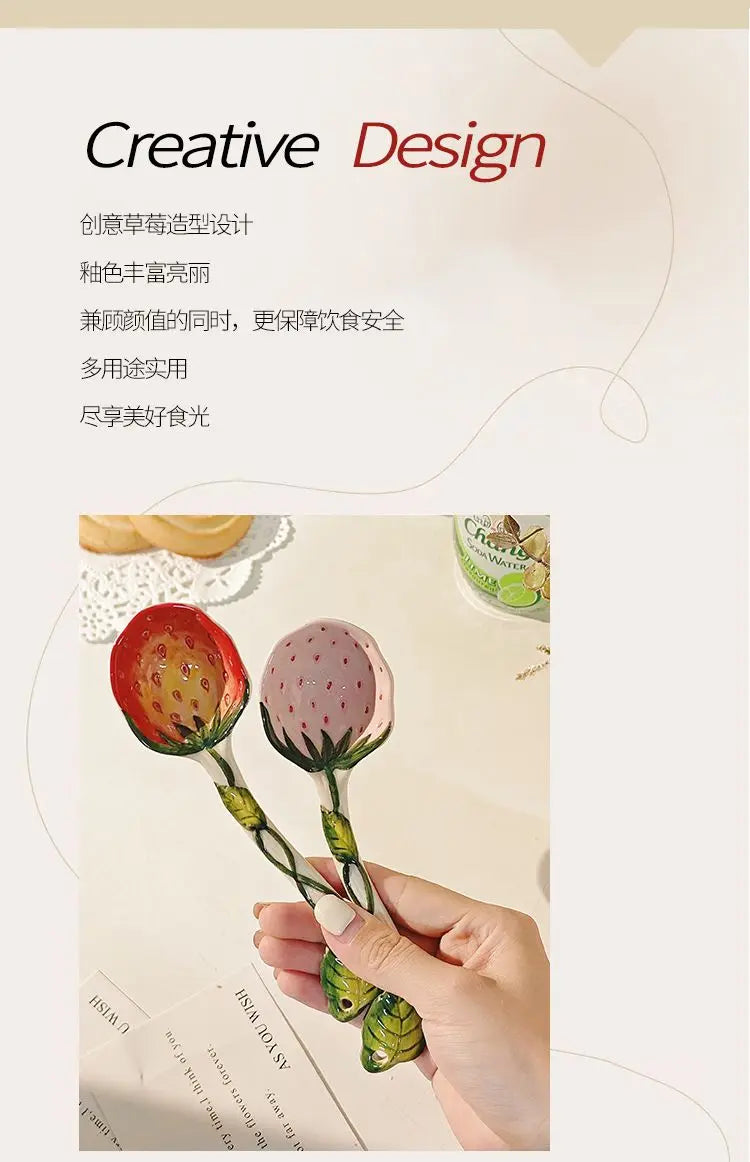 Strawberry Ceramic Spoon, Watermelon Panda Underglaze Household Cute Long Handle Children Eat Dessert Spoons Tableware